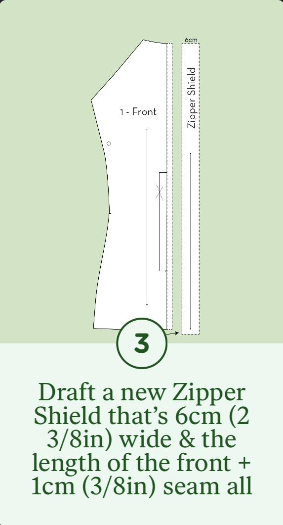 3- Draft a new Zipper Shield that's 6cm wide & the length of the Front + 1cm seam allowance