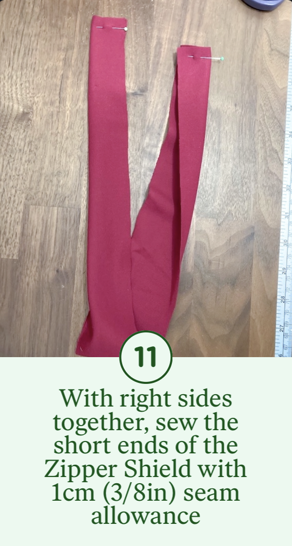 11- With right sides together, sew the short ends of the Zipper Shield with 1cm seam allowance