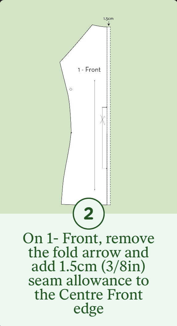 2- On 1-Front, remove the fold arrow and add 1.5cm seam allowance to the CF edge