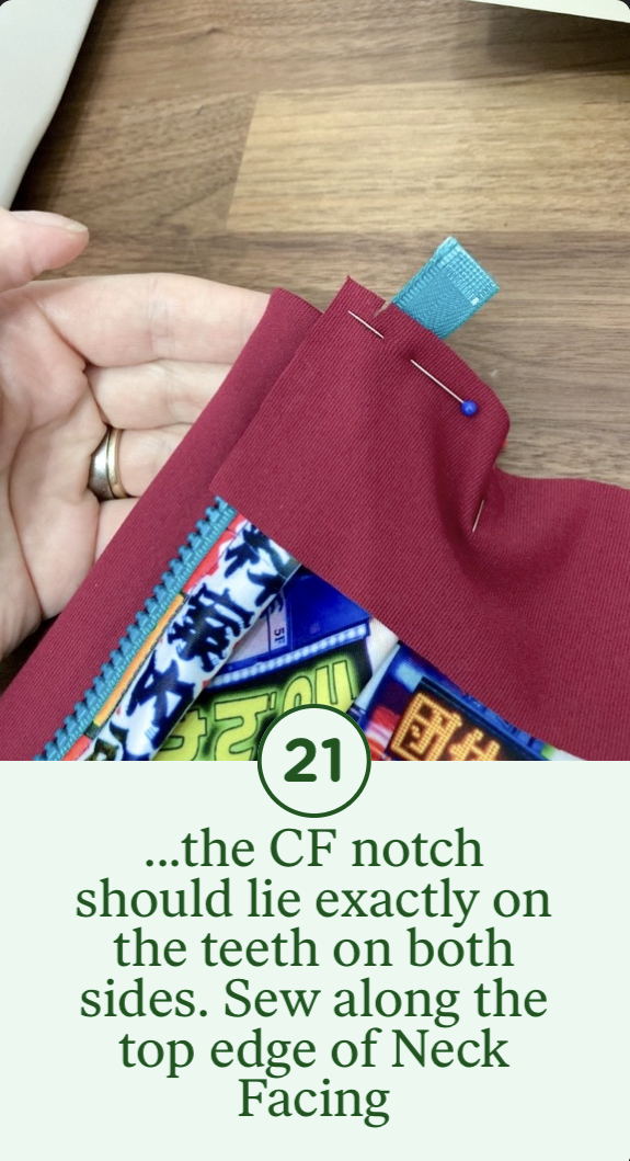 21- ...the CF notch should lie exactly on the teeth on both sides. Sew along the top edge of Neck Facing