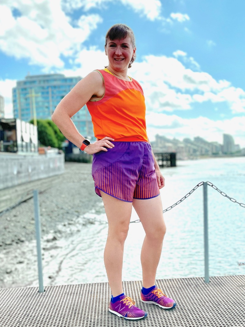 purple striped shorts