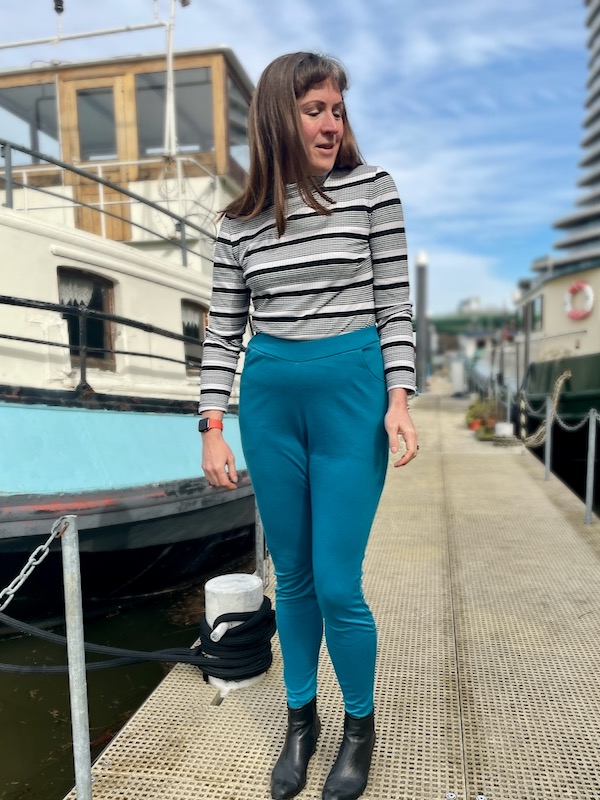 Blue Audrey trousers looking down